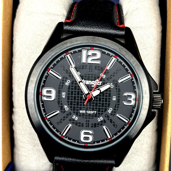 Wrangler WRW2400-1A Mens Black Analog Watch Black Leather Red Stitching Strap - Picture 5 of 17